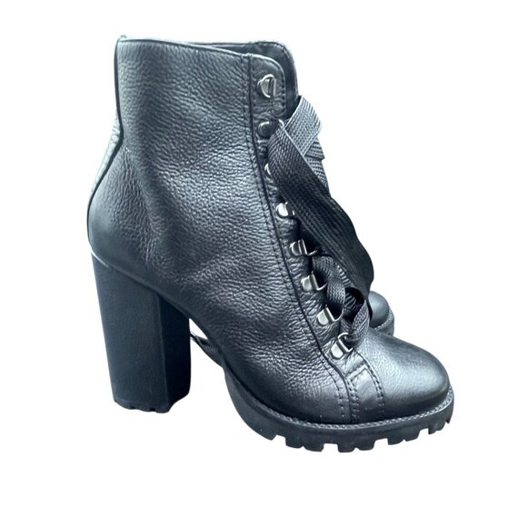 Schutz Zhara Lug Sole Boots Women’s 8.5 B Leather Black Lace Up Heeled - Picture 5 of 7